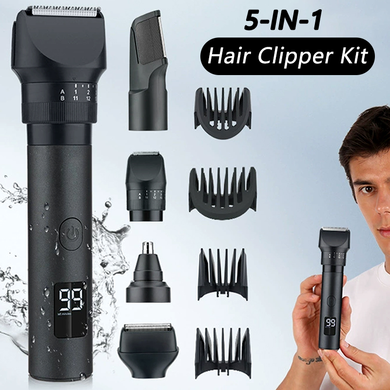 Men'S Grooming Nose Hair Trimmer - 5-in-1 Draadloze Haarkapper met LED-display, Baarden-/neustrimmer
